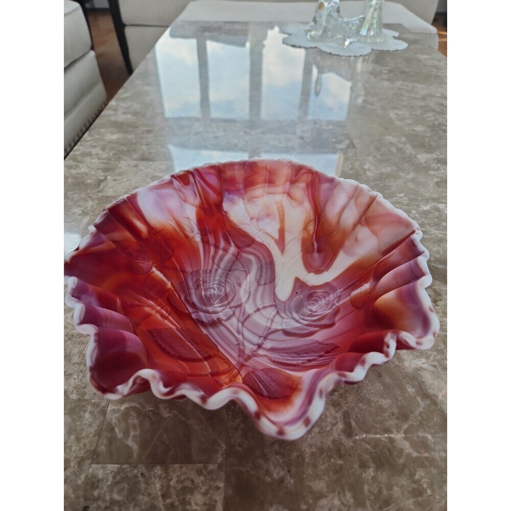 Vintage Imperial Red/orange/white Slag Glass Ruffled Dish With Embossed...
